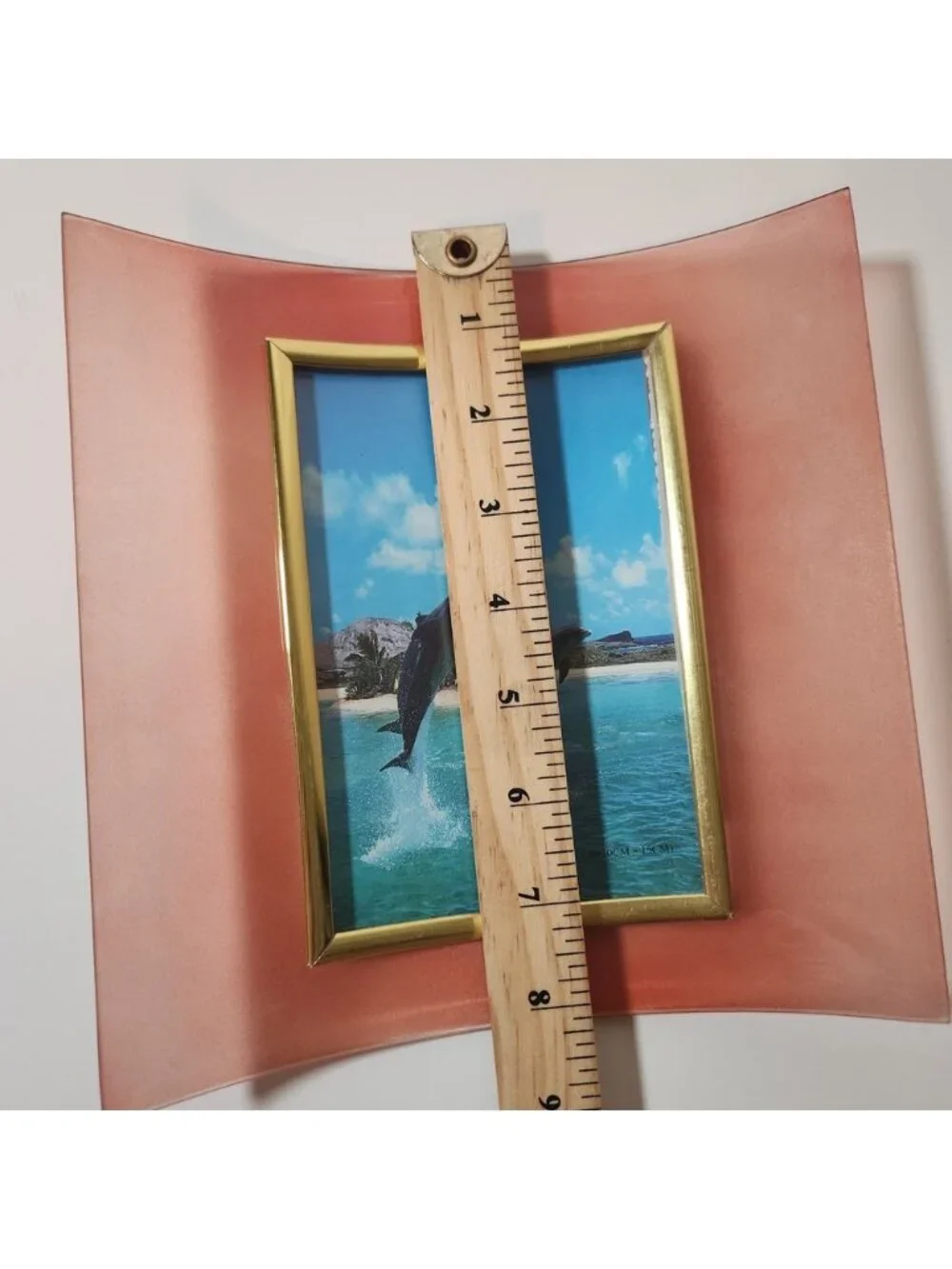 Vintage Curved Glass Picture Frame 4x6 Frosted‎ Peach Pink Gold Trim Modern Art